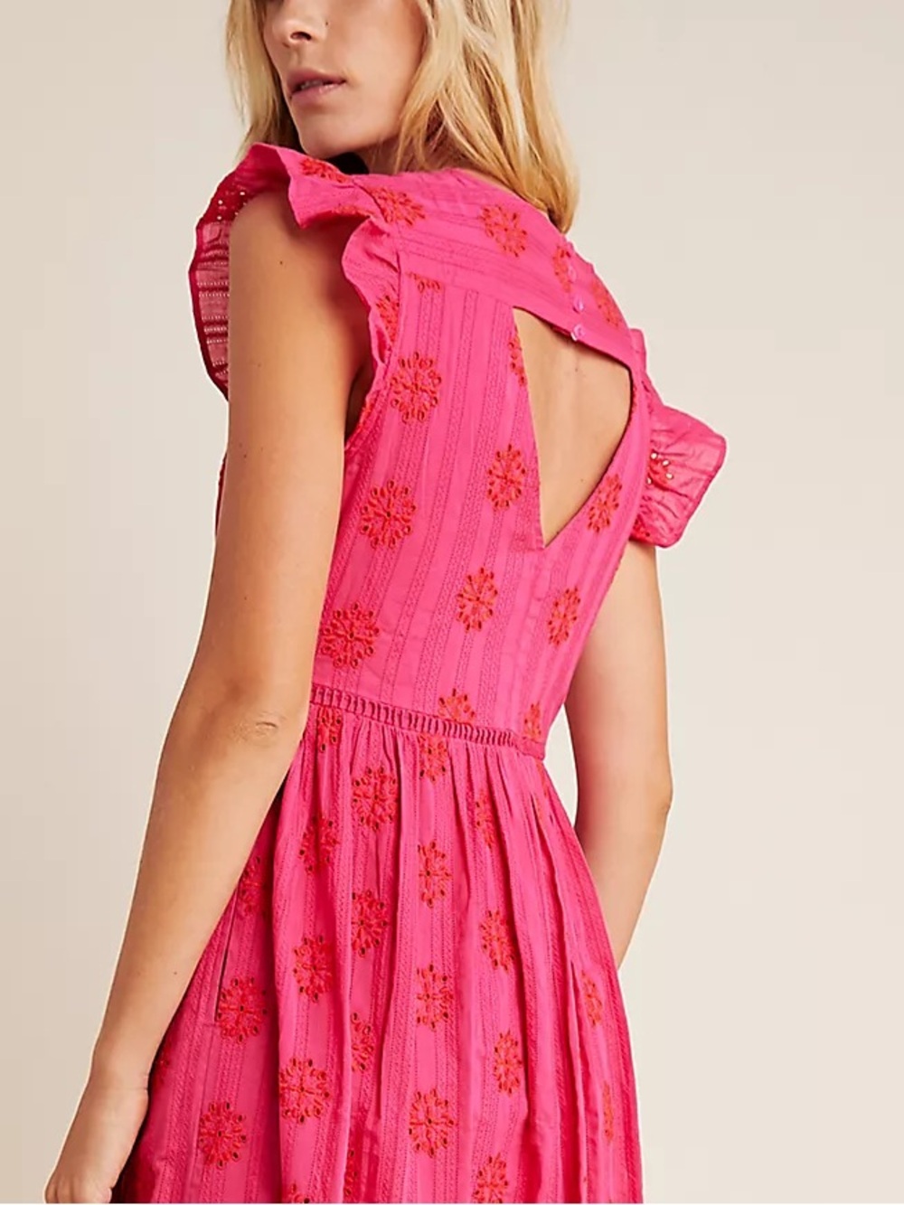 NWT Anthropologie Embroidered Eyelet Scallop Trim Midi Dress Pink Pockets M - Picture 4 of 8
